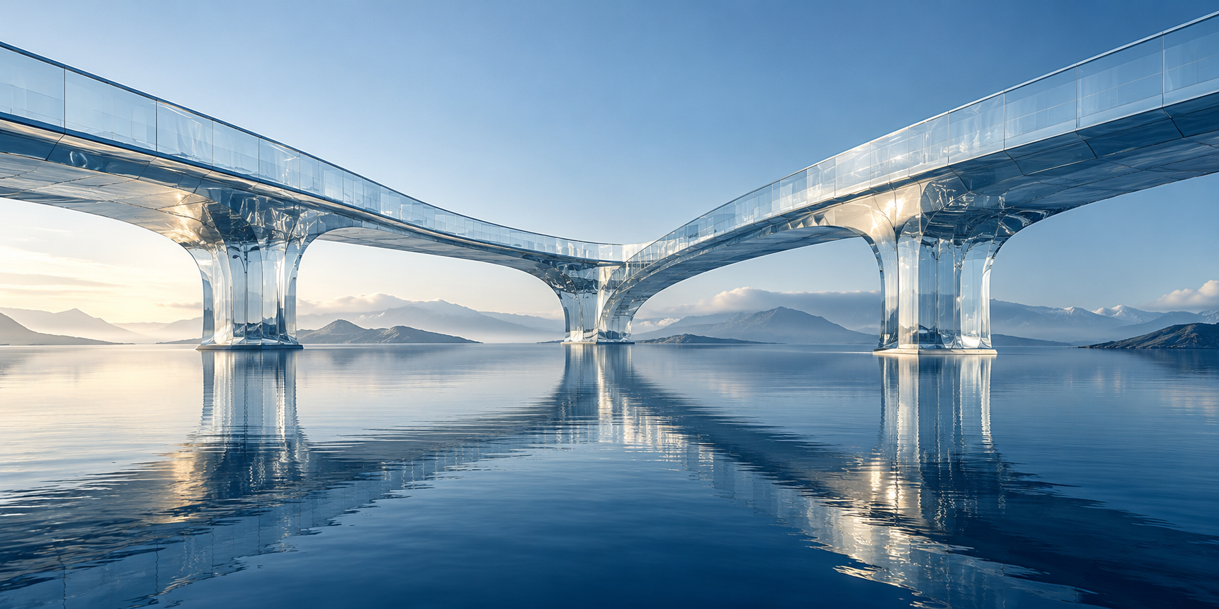 Conceptual glass bridges connecting across water